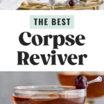 man's hand pouring cocktail shaker of Corpse Reviver ingredients into a glass and a glass of Corpse Reviver recipe garnished with a Luxardo cherry