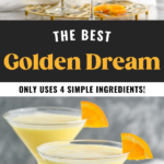 man's hand pouring cocktail shaker of Golden Dream ingredients into martini glass. Two glasses of Golden Dream recipe with orange slice garnish