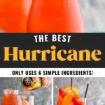 two glasses of Hurricane cocktail recipe with ice garnished with orange slice, cherries, and a straw surrounded by fruit and a drink umbrella