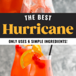 cocktail shaker pouring Hurricane ingredients into a glass of ice to make Hurricane recipe garnished with orange slice and cherries