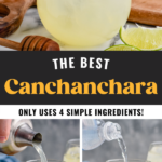 making Canchanchara recipe by pouring cocktail shaker of Canchanchara ingredients into a glass of ice and topping with soda. Surrounded by fresh lime wedges