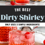 Bottle of Sprite pouring into a glass of Dirty Shirley cocktail recipe garnished with a maraschino cherry
