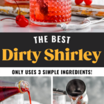bottle of grenadine pouring into a glass of ice to make a Dirty Shirley cocktail, jigger of vodka pouring into glass of Dirty Shirley ingredients and stirring glass of Dirty Shirley drink surrounded by maraschino cherries for garnish