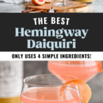 Man's hand pouring cocktail shaker of Hemingway Daiquiri ingredients pouring into a glass, garnished with a grapefruit peel twist