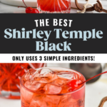 Bottle of Sprite pouring into a Shirley Temple Black with ice and garnished with maraschino cherries
