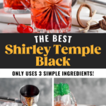 making a Shirley Temple Black by pouring jigger of rum and bottle of Sprite into a glass of Shirley Temple Black recipe garnished with maraschino cherries
