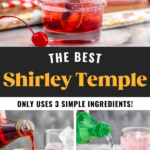 bottles of grenadine and sprite pouring into a glass of Shirley Temple drink and being stirred