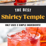 man's hand pouring sprite into a glass of Shirley Temple ingredients with ice, garnished with a cherry