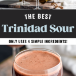 man's hand pouring cocktail shaker of Trinidad Sour ingredients into a glass. Glass of Trinidad Sour cocktail