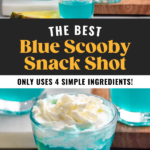 cocktail shaker of Blue Scooby Snack Shot ingredients pouring into a shot glass surrounded by fresh pineapple