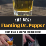 Man's hand holding and dropping shot glass of Flaming Dr. Pepper ingredients on fire into a glass of beer