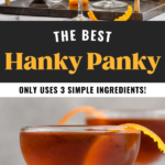 cocktail shaker of Hanky Panky ingredients pouring into coupe glass. Glass of Hanky Panky garnished with an orange peel