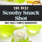 cocktail shaker of Scooby Snack Shot ingredients into a glass. Glass of Scooby Snack Shot topped with whipped cream
