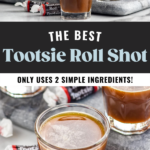 Shot glasses of Tootsie Roll Shot recipe surrounded by Tootsie Roll candies. Man's hand pouring cocktail shaker of Tootsie Roll Shot ingredients into a shot glass