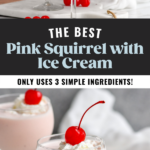 glass of Pink Squirrel with Ice Cream garnished with whipped cream and a cherry. Blender pouring Pink Squirrel with Ice Cream ingredients into a glass