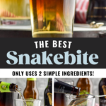 The best Snakebite only uses two simple ingredients. Bottles of hard cider and Guinness pouring into a pint glass to make a Snakebite drink