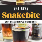 The best Snakebite only uses 2 simple ingredients, man's hand pouring bottle of Guinness over the back of a spoon into a glass of hard cider to make a Snakebite drink
