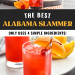 Pinterest graphic of Alabama Slammer drink top image shows a cocktail shaker of alabama slammer ingredients pouring into a glass of ice, lower image shows a glass of alabama slammer with garnished with an orange slice and a cherry. Text says the best alabama slammer only uses 4 simple ingredients shakedrinkrepeat.com