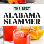 Pinterest graphic of Alabama Slammer drink top image shows a pitcher of orange juice pouring into a glass of alabama slammer ingredients, lower image shows a glass of alabama slammer with garnished with an orange slice and a cherry. Text says the best alabama slammer shakedrinkrepeat.com
