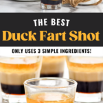 Pinterest graphic of duck fart shot top image shows spoon of whiskey pouring over a spoon into a shot glass of Duck Fart ingredients lower image shows four shot glasses of Duck Fart Shot text says The Best Duck Fart Shot only uses 3 simple ingredients shakedrinkrepeat.com
