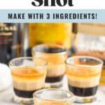 Pinterest graphic of duck fart shot photo shows four shot glasses of Duck Fart Shot text says Duck Fart Shot so easy make with 3 ingredients shakedrinkrepeat.com