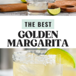 Pinterest graphic of golden margarita recipe. Top photo is overhead picture of golden margarita pouring into clear glass. Glass has ice in it and a salted rim. Text says, "The best Golden Margarita shakedrinkrepeat.com" Bottom photo is of a golden margarita in a clear glass with ice, a salted rim, and lime wedge garnish.