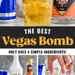 The best vegas bomb only uses 4 simple ingredients, man's hand dropping shot glass of vegas bomb ingredients into a glass of red bull