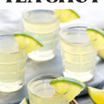 Pinterest graphic of green tea shot text says "the best green tea shot shakedrinkrepeat.com" image shows four shot glasses of green tea shots garnished with lime wedges