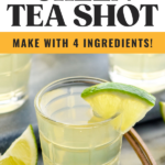 pinterest graphic of green tea shot text says "green tea shot make with 4 ingredients so easy! shakedrinkrepeat.com" image shows shot glass of green tea shot recipe garnished with a lime wedge
