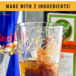 Pinterest image of Jager bomb text says "Jager Bomb make with 2 ingredients so easy! shakedrinkrepeat.com" Image shows shot glass of Jägermeister splashing into pint glass of Red Bull to make a Jager Bomb, bottle of Jägermeister and can of Red Bull sit in background