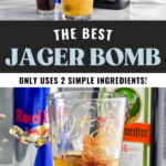 Pinterest graphic of Jager Bomb text says "the best jager bomb only uses 2 simple ingredients! shakedrinkrepeat.com" top image shows man's hand pouring can of Red Bull into a pint glass with shot glass of Jägermeister sitting beside with can of red bull and bottle of Jägermeister sitting in the background. Bottom image shows shot glass of Jägermeister splashing into pint glass of Red Bull to make a Jager Bomb, bottle of Jägermeister and can of Red Bull sit in background