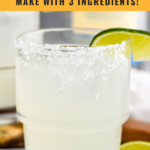 Pinterest graphic for mezcal margarita recipe. Text says, "so easy! mezcal margarita make with 3 ingredients! shakedrinkrepeat.com" Image is photo of mezcal margarita in a glass garnished with salted rim and a lime wedge.