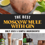 pinterest graphic of moscow mule with gin. Text says "the best moscow mule with gine only uses 5 simple ingredients! shakedrinkrepeat.com" top image shows copper mug of moscow mule with gin with ice, lime, and fresh mint leaves. lower left image shows man's hand muddling mint and lime juice in a mixing glass with gin to make a moscow mule with gin, lower right image shows bottle of ginger beer pouring into a copper mug to make a moscow mule with gin