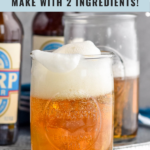 Pinterest graphic of Boilermaker. Text says "Boilermaker so easy! Make with 2 ingredients! shakedrinkrepeat.com. Image shows glass of beer with shot glass of whiskey inside to make Boilermaker drink with bottles of beer and glass of Boilermaker in the background