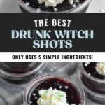 Pinterest graphic for Drunk Witch Shot recipe. Top photo is closeup overhead photo of Drunk Witch Jell-O Shots garnished with whipped cream and sprinkles. Text says, "The best drunk witch jello shots only uses 5 simple ingredients shakedrinkrepeat.com." Bottom image is overhead photo of two Drunk Witch Jell-O Shots garnished with whipped cream and sprinkles.