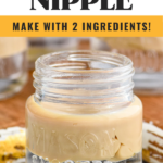 Pinterest image of Fuzzy Nipple, text says "Fuzzy Nipple so easy! Make with 2 ingredients! shakedrinkrepeat.com" image shows shot glass of Fuzzy Nipple shot