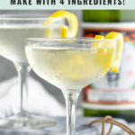 Pinterest graphic of Saketini. Text says "gin saketini make with 4 ingredients! shakedrinkrepeat.com" image shows two glasses of saketini garnished with a lemon twist with bottle of sake sitting in background