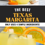 Pinterest graphic for Texas Margarita recipe. Top image is photo of man's hand pouring Texas Margarita recipe from a shaker bottle into a glass of ice. Sliced orange is in the background on the counter. Text says, The best texas margarita only uses 4 simple ingredients shakedrinkrepeat.com" Bottom image is photo of Texas Margarita garnished with orange and lime slices.