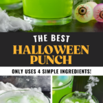 Pinterest graphic of Halloween punch. Text says "The best Halloween Punch only uses 4 simple ingredients! shakedrinkrepeat.com" Top image shows glass of Halloween Punch with dry ice and toy eye balls, lower left image shows punch bowl of Halloween punch with ladle, dry ice, and toy eye balls, lower right image shows overhead view of glass of Halloween Punch with dry ice and toy eye balls floating on top.