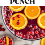 Pinterest graphic of Christmas Punch. Text says "Christmas Punch so easy! shakedrinkrepeat.com" Image shows an overhead view of a bowl of Christmas punch and two glasses of christmas punch all garnished with orange slices and cranberries.