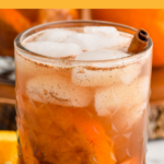 pinterest graphic of fall spiced old fashioned. Text says "fall spiced old fashioned bourbon shakedrinkrepeat.com" Image shows a glass of autumn old fashioned cocktail with ice garnished with cinnamon stick.