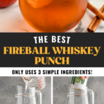Pinterest graphic of fireball whiskey punch. Text says "the best fireball whiskey punch only uses 3 simple ingredients! shakedrinkrepeat.com" Top image shows a glass of fireball whiskey punch with ice and rimmed with red sugar, apples and cinnamon sticks sit beside. Lower left image shows a glass measuring cup pouring lemon-lime soda into a glass pitcher with fireball whiskey to make fireball whiskey punch recipe. Lower right image shows man's hand dumping apple juice concentrate into a pitcher of fireball whiskey punch recipe with apples and cinnamon sticks sitting beside.