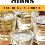 pinterest graphic for polar bear shot. Text says "Polar Bear shots so easy! Make with 2 ingredients! shakedrinkrepeat.com" Image shows four shot glasses of polar bear shots.