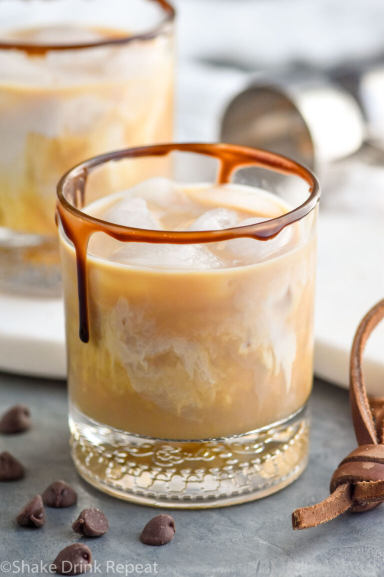 Overhead photo of chocolate white russian cocktail.