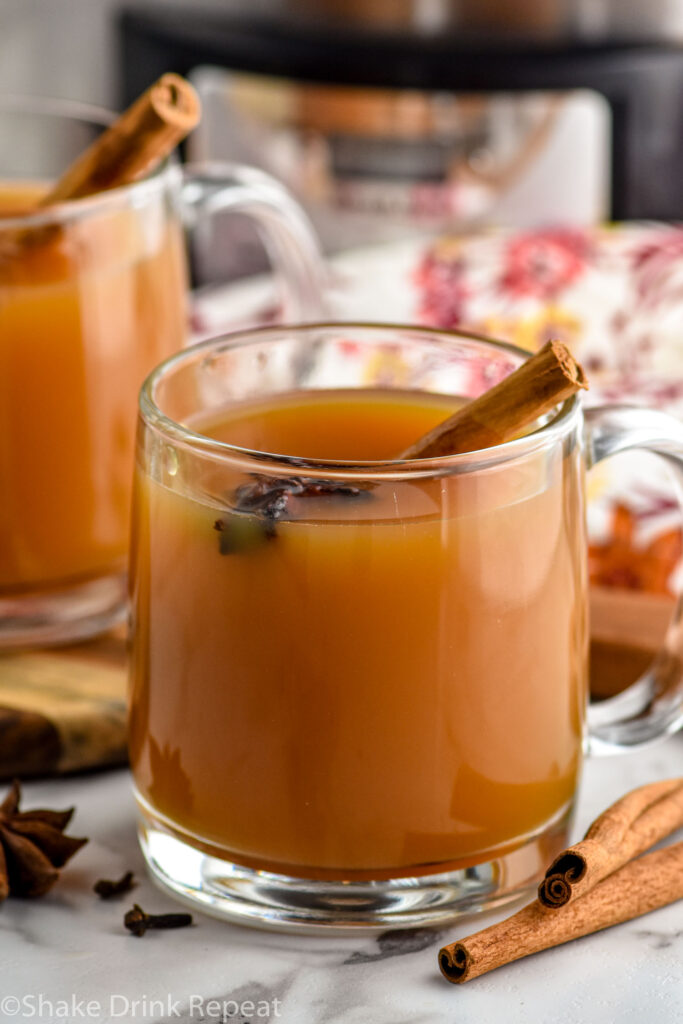 mug of spiced apple cider garnished with a cinnamon stick and star anise. Crockpot sitting in background