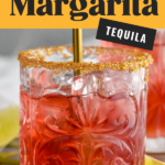 Pinterest photo of Cranberry Margarita with a glass of cranberry margarita being stirred with a long golden spoon. Says, 'Christmas Cranberry Margarita, tequila in a black box, and shakedrinkrepeat.com'