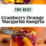 Pinterest photo of Cranberry Orange Margarita Sangria with two photos. Top photo is overhead photo of pitcher of the cocktail and bottom photo is of a stemless win glass filled with the drink with cranberries floating in it. Says 'The Best Cranberry Orange Margarita Sangria, shakedrinkrepeat.com'