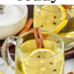 Pinterest graphic for hot toddy. Text says "the best hot toddy shakedrinkrepreat.com" Image shows mug of hot toddy with lemon slice and cloves and cinnamon stick.