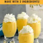 Pinterest graphic for RumChata Pudding Shots recipe. Text says, "So easy! RumChata Pudding Shots make with 3 ingredients shakedrinkrepeat.com." Image is photo of RumChata Pudding Shots garnished with whipped cream.