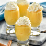 Overhead photo of RumChata Pudding Shots garnished with whipped cream. Cinnamon sticks lay on counter beside pudding shots.